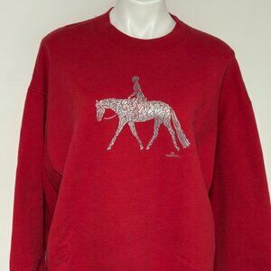 VTG TOP RAIL TEE'S RED TEXTURED SWEATSHIRT SILVER HORSE AND RIDER PRINT XL
